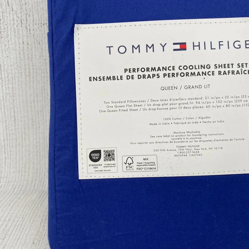 Tommy Hilfiger Sheet Set Queen Royal Blue 100% Cotton Performance Cooling Modern